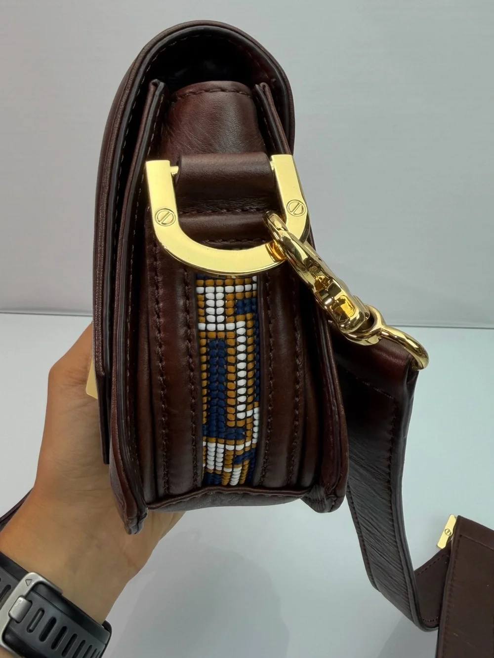 Tory Burch Mini Crossbody Bag Navy Brown Jacquard Lock Gold